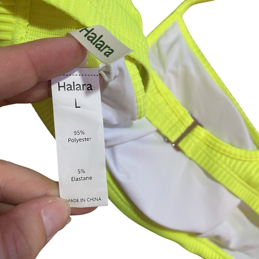 Halara NWOT Ribbed Bikini Swimsuit Top Neon Yellow Green Size Large Swim - Picture 10 of 11